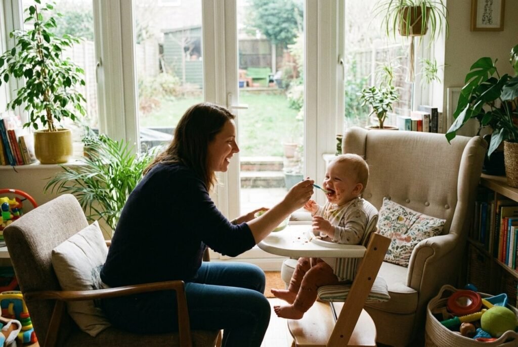 Baby in high chair exploring first solid foods.