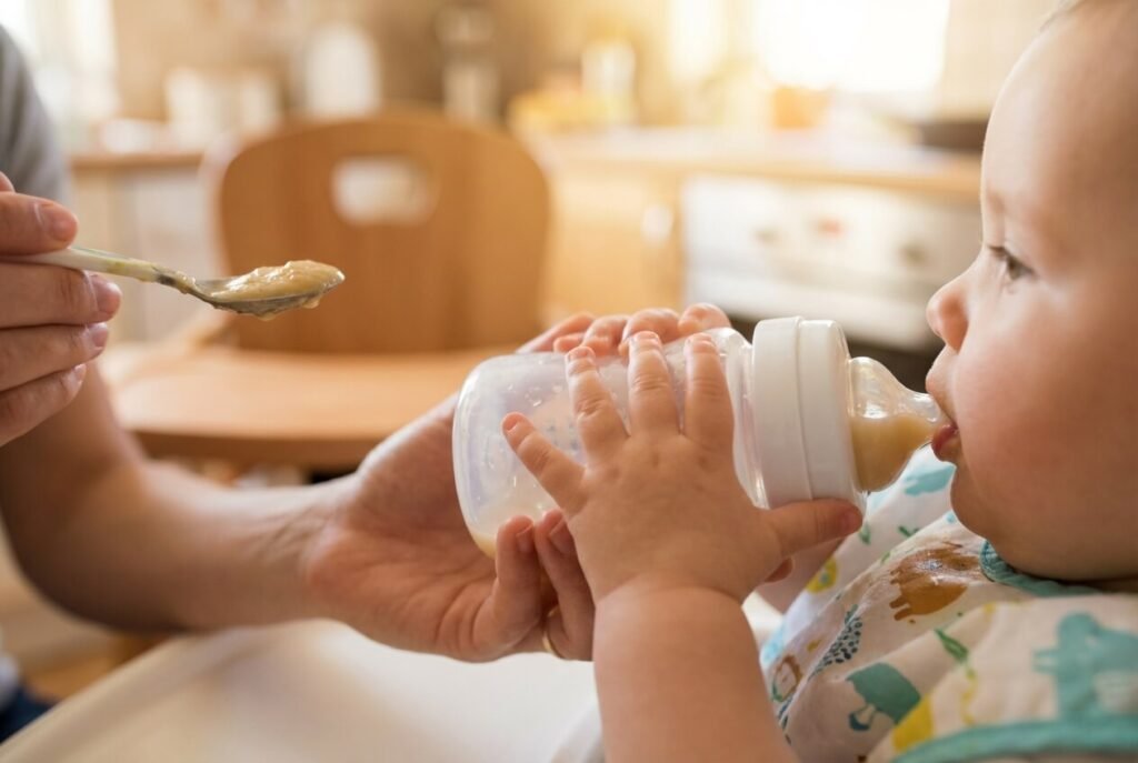 Close-up of feeding moment (hands, bottle, spoon)