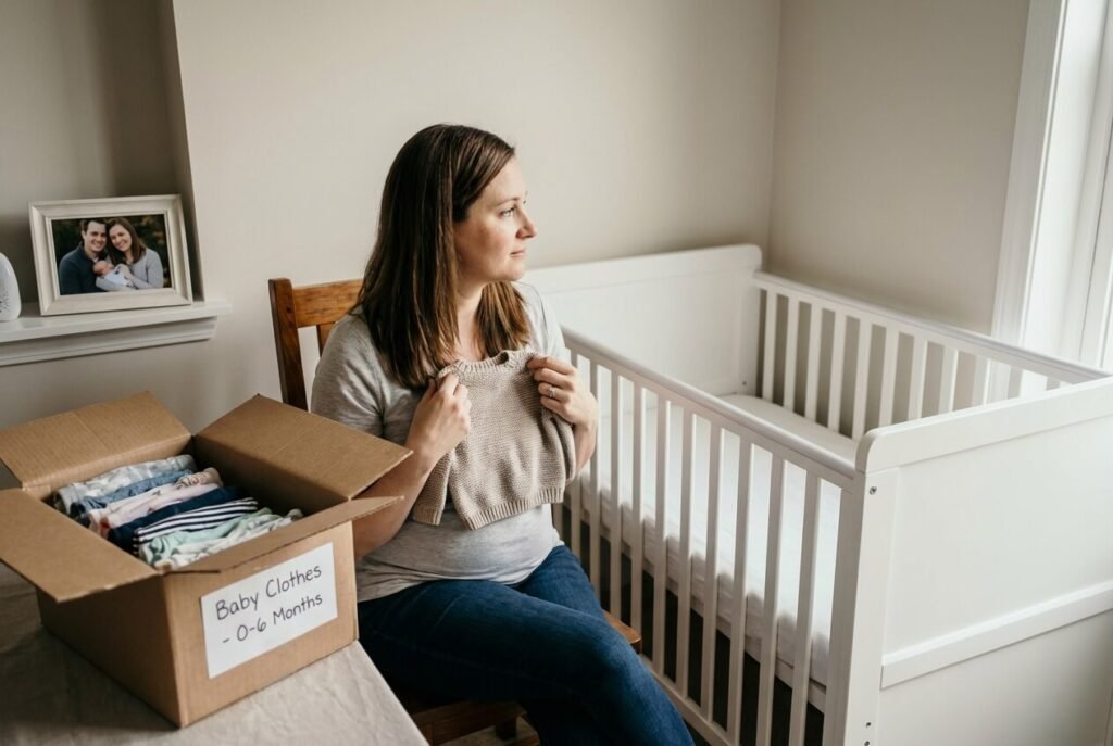 Parent looking at an Empty baby crib and stored baby clothes