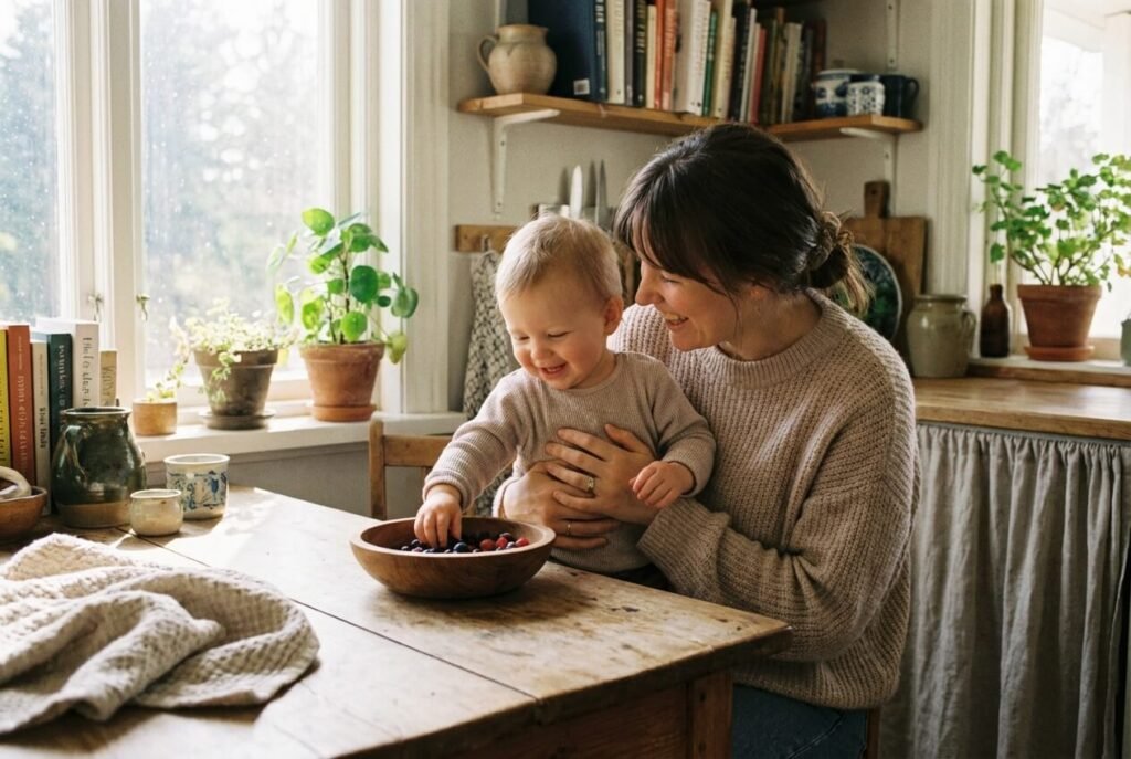 Gentle lifestyle shot of parent + toddler