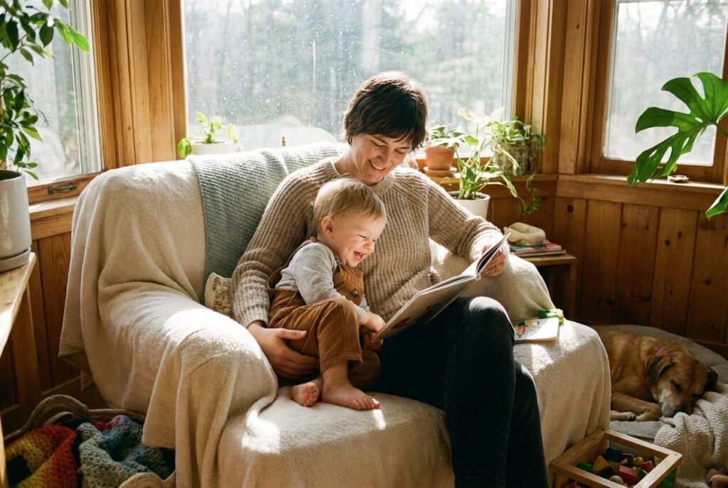 Parent reading a book  to toddler