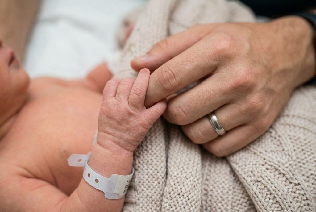 Newborn baby holding parent’s finger close-up
