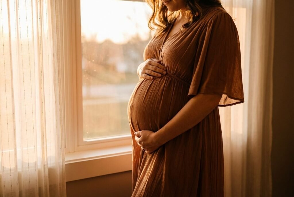 Pregnant woman touching belly