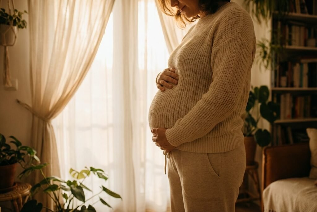 Pregnant woman touching belly